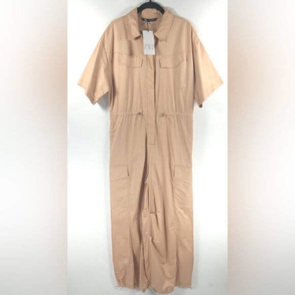 NWT ZARA Shirt-Style CARGO Full Length Oversized Jumpsuit COTTON 7901/216 Sz M&L - Picture 4 of 16